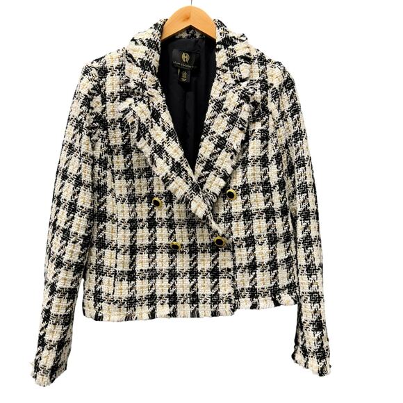House of Harlow 1960 Jackets & Blazers - House of Harlow Blazer Womens Medium White Black Gold Fringe Crop Jacket